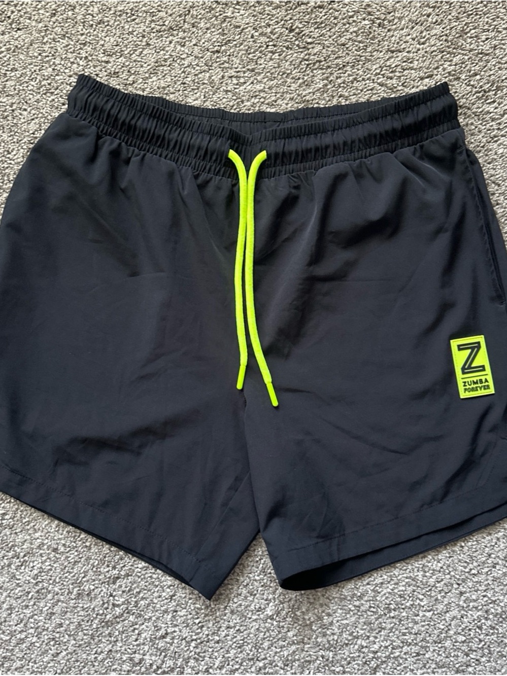 Zumba Fitness Black Athletic Shorts with Neon Yellow Drawstring